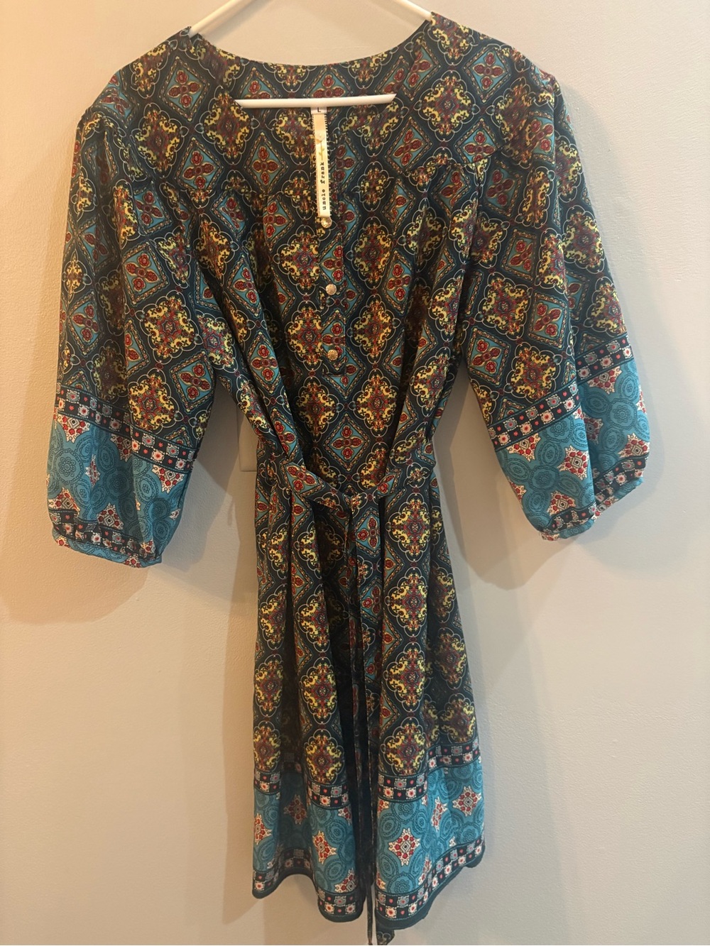 Uncle Frank Teal Mosaic Long Sleeve Wrap Dress Size L